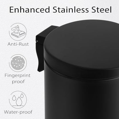 TIPGO Small Bathroom Trash Can with Lid Soft Close, 1.2 Gal, Matte Black | Hands-Free Step Pedal, Removable Inner Bucket, 4.5 Liters, Round Stainless Steel Garbage Can for Bedroom, Office, Kitchen - color: Matte Black
