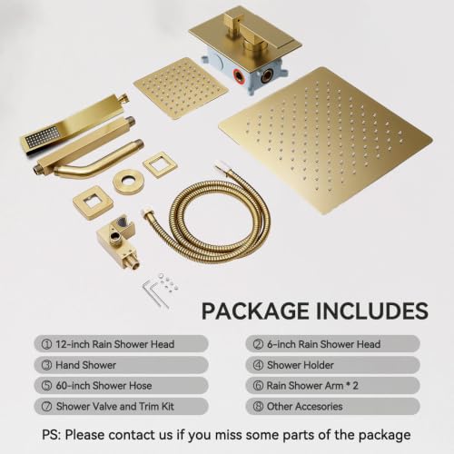 STARBATH Shower Faucet Set Shower System with Diverter Valve, Brushed Gold | 12 Inch Ceiling Mount Rain Shower Head, 6 Inch Wall Mount Rainfall Shower Head and Handheld Spray for Two Person - color: Gold, size: 12"+6"-02