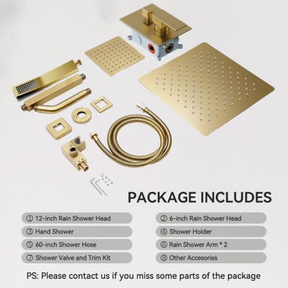 STARBATH Shower Faucet Set Shower System with Diverter Valve, Brushed Gold | 12 Inch Ceiling Mount Rain Shower Head, 6 Inch Wall Mount Rainfall Shower Head and Handheld Spray for Two Person - color: Gold, size: 12"+6"-02