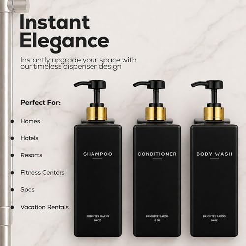 Black Shampoo and Conditioner Dispenser Set Wall Mounted by Brighter Barns - Shampoo Conditioner Body Wash Dispensers 3 Chamber No Drill - Refillable Shower Bottles for Guest Bathroom, Airbnb (Black) - color: Black