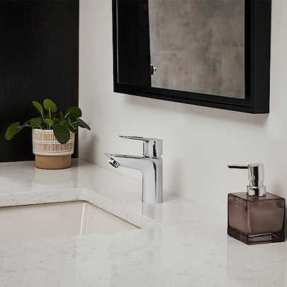 GROHE BauLoop Bathroom Sink Faucet, Single Hole Deck Mount,Starlight Chrome | Single Hole Vanity Faucet: Comfortable Angled Spout, Water Saving 1.2 GPM, Smooth Valve, Metal Body, No Drain | 23085001 - size: S-Size - No Drain