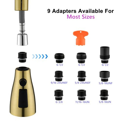 [Upgraded] GORDEE Kitchen Faucet Sprayer Head Replacement, 3-Function(Stream/Spray/Blade) Sprayer Spout Nozzle w/Check Valve, 1.8 GPM, 9 Adapters to Fit Most Standards of Faucets, Brushed Gold - color: N2 New 3-function Brushed Gold