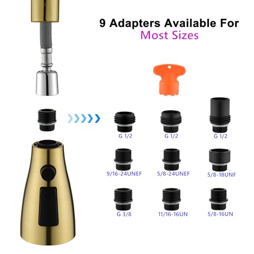 [Upgraded] GORDEE Kitchen Faucet Sprayer Head Replacement, 3-Function(Stream/Spray/Aqua Blade) Sprayer Spout Nozzle w/Check Valve, 1.8 GPM, 9 Adapters to Fit Most Standards of Faucets, Brushed Gold - color: Brushed Gold