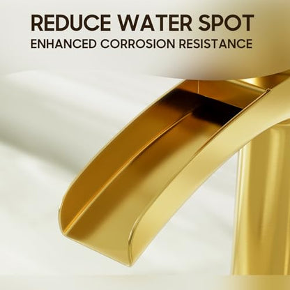 Phiestina Brushed Gold Tall Bathroom Vessel Sink Faucet, Single Hole Single Handle Waterfall Modern Bathroom Faucet, with Pop Up Drain and Water Supply Line, NS-SF01-BG-V - color: Brushed Gold, style: 1 pack