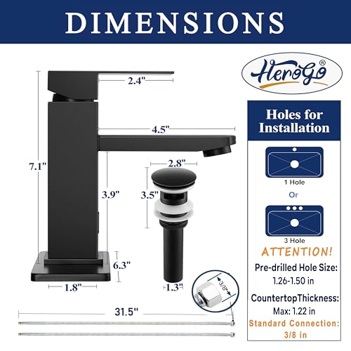 Herogo Touchless Bathroom Faucets Matte Black Stainless Steel Automatic Motion Sensor Bathroom Faucet RV Bar Sink Faucet for 1-3 Hole Single-Handle with Pop Up Drain Stopper Water Supply Hoses - color: Matte Black