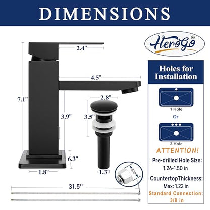 Herogo Touchless Bathroom Faucets Matte Black Stainless Steel Automatic Motion Sensor Bathroom Faucet RV Bar Sink Faucet for 1-3 Hole Single-Handle with Pop Up Drain Stopper Water Supply Hoses - color: Matte Black