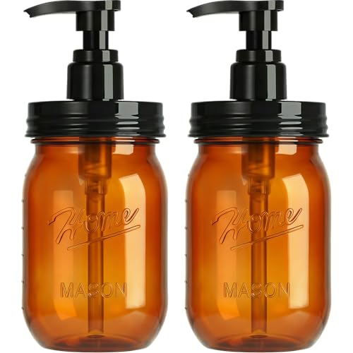 Amolliar Plastic Mason Jar Soap Dispenser with Pump Lid 16OZ, 2 Pack Amber | Refillable BPA-Free Hand Soap Dispenser Set with Cute Lables, Farmhouse Decor for Kitchen Bathroom Liquid Dish Soap Lotion - color: Amber Jar With Black Pump