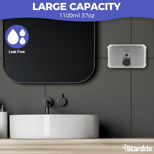 Stardrix Heavy Duty Stainless Steel Wall Mount Soap Dispenser, 1100ml/37oz, with Corrosion Proof Lining and Anti-Leak Pump for Commercial & Home Bathroom Kitchen (Horizontal) - size: Horizontal