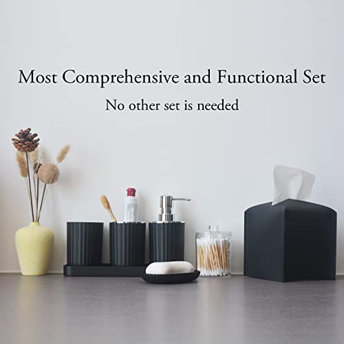Bathroom Accessory Set, 10 Piece Black Bathroom Set Complete | Includes Trash Can, Soap Dispenser, Toothbrush Holder, Soap Holder, Tumbler, Toilet Brush, Tray, Qtip Holders, Tissue Cover - color: Black