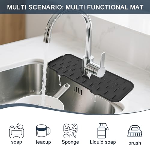 Kitchen Faucet Sink Splash Guard - Faucet Guard & Draining Mat Black | Silicone water catcher mat, Sink drain pad behind fauce; Sink rubber mat, Faucet Mat, kitchen bathroom protect around faucet - color: Black