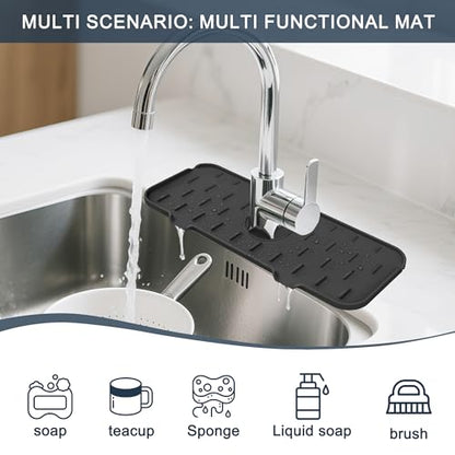 Kitchen Faucet Sink Splash Guard - Faucet Guard & Draining Mat Black | Silicone water catcher mat, Sink drain pad behind fauce; Sink rubber mat, Faucet Mat, kitchen bathroom protect around faucet - color: Black