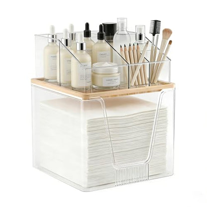 SPOSPO 2 in 1 Disposable Facial Towel Holder and Cosmetic Organizer | Clear Storage with Bamboo Lid Compatible with Clean Skin Club Towel XL, Vanity Organizer for Bathroom Vanity Counter (1 Pack)