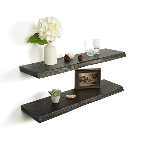 32 Inch Wooden Floating Shelves for Wall Set of 2, Finnish Spruce Solid Wood Shelf, Natural Wood Floating Shelves for Living Room, Bathroom, Bedroom, Kitchen, Country Brown Finish - color: Country Brown, size: Live Edge, 32"L, 2Packs