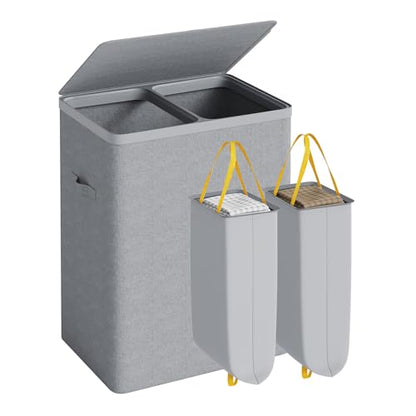 Double Laundry Hamper with Lid, 150L Large Laundry Basket 2 Compartments | Gasvadivum Dirty Clothes Hamper 2 Section with Portable Liner Bags and Handles for Laundry Room, Bedroom, Easy Assembly, Grey - color: Grey