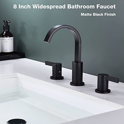 TRUSTMI 3 Hole Matte Black Bathroom Faucet 8 Inch Widespread, Brass Lavatory Vanity Sink Faucet with Overflow Pop-Up Drain and cUPC Waterlines, 360 Degree Swivel Spout - color: Matte Black