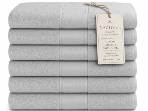Terry Bath Towel 30 x 60 in – 60% Viscose Derived from Bamboo 40% Cotton – Pack of 6 – Grey - 730 GSM Plush & Soft Feel - Oeko-TEX Certified - Spa-Luxe Drying Comfort - Hotel-Style - color: Grey