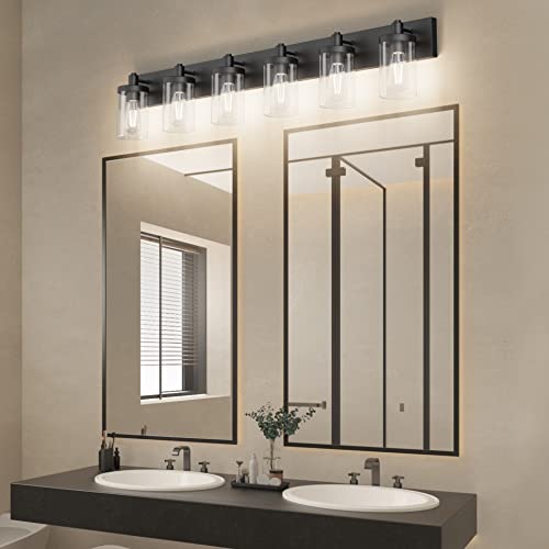 Aipsun 48in Vanity Light Black Bathroom Vanity Lighting Fixtures 6 Light Bathroom Light Fixtures with Clear Glass Shade(Exclude Bulb) - color: Black, size: 6-Light
