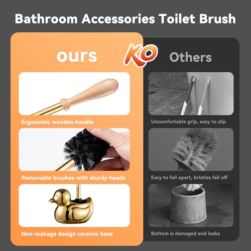 Gold Duck Toilet Brush and Holder Set,Non-Slip Handle Toilet Bowl Brush with Wooden & Stainless SteelHandle, Practical Bathroom Accessories Cleaning Tools Set，1 pcs - color: Gold