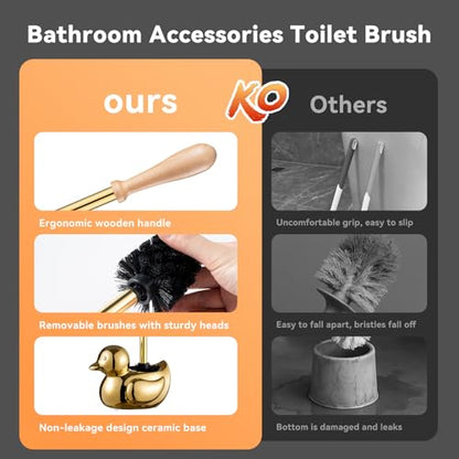 Gold Duck Toilet Brush and Holder Set,Non-Slip Handle Toilet Bowl Brush with Wooden & Stainless SteelHandle, Practical Bathroom Accessories Cleaning Tools Set，1 pcs - color: Gold