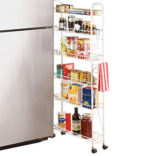 Collections Etc Slim Rolling Pantry 6-Tier Shelf, White Metal with Elegant Scroll Design Accent - Extra Kitchen and Bathroom Storage, 6" - size: 6"