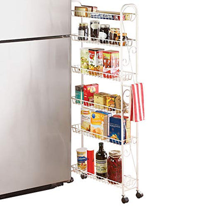 Collections Etc Slim Rolling Pantry 6-Tier Shelf, White Metal with Elegant Scroll Design Accent - Extra Kitchen and Bathroom Storage, 6" - size: 6"