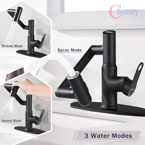 CHOMELY Single Hole Rotatable Bathroom Faucet with Temperature Display in Fahrenheit (Batteries-Free) 3 Water Modes 360 Degree Rotating Sink Faucet, Matte Black - color: Black