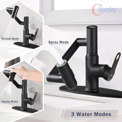 CHOMELY Single Hole Rotatable Bathroom Faucet with Temperature Display in Fahrenheit (Batteries-Free) 3 Water Modes 360 Degree Rotating Sink Faucet, Matte Black - color: Black
