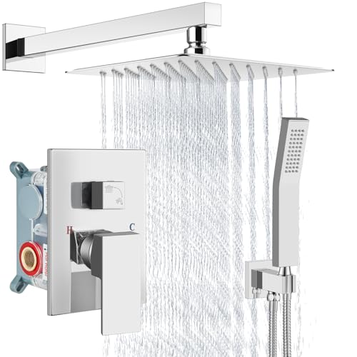 Aolemi Shower Faucet Set with Handheld Polish Chrome 8 Inch Head | Pressure Balance Shower Valve and Trim Kit,SUS304 Rain Head and Handle System,All Metal,Wall Mount,Bathroom,Handheld Spray - color: Chrome, size: 8 Inch Wall Mount Shower Head
