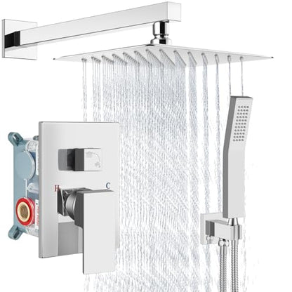 Aolemi Shower Faucet Set with Handheld Polish Chrome 8 Inch Head | Pressure Balance Shower Valve and Trim Kit,SUS304 Rain Head and Handle System,All Metal,Wall Mount,Bathroom,Handheld Spray - color: Chrome, size: 8 Inch Wall Mount Shower Head
