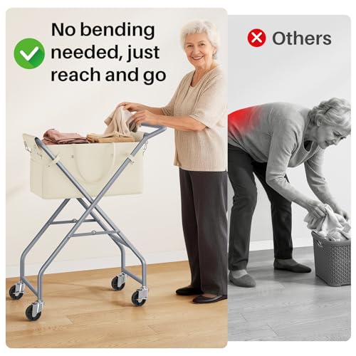 No-Bend Laundry Cart- Rolling Hamper with Locking Wheels & Handle, Foldable Basket Screw-Free Assembly, Durable Metal Frame & Removable Liner Bag for Bedroom & Bathroom (Beige) - color: Beige