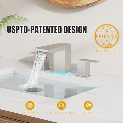 BESy LED Brushed Nickel Square Bathroom Faucets 3 Hole Waterfall 8 Inch Widespread with 3 Colors Light Changing Sink Faucet with Pop-up Drain and Supply Lines 2 Handles for Vanity, Lavatory, Restroom - color: Brushed Nickel
