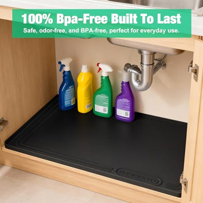 Aisslro Under Sink Mat 25" X 19", Waterproof Silicone Under Sink Mats for Kitchen, Anti-Leak Shelf Liner & Cabinet Protector with Raised Edge, [BPA Free] Bathroom Tray Home Organizer, Black | BPA-Free Raised-Edge Cabinet Protector & Leak Tray for Bathroom