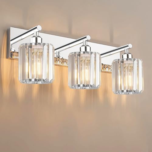 Brushed Chrome Crystal Bathroom Vanity Light, 3-Light Modern Bathroom Lighting Fixtures Over Mirror,Chrome Wall Sconce Light Fixtures with Round Shade - color: Chrome-Round Shade, size: 3-LIGHT