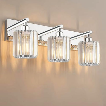 Brushed Chrome Crystal Bathroom Vanity Light, 3-Light Modern Bathroom Lighting Fixtures Over Mirror,Chrome Wall Sconce Light Fixtures with Round Shade - color: Chrome-Round Shade, size: 3-LIGHT