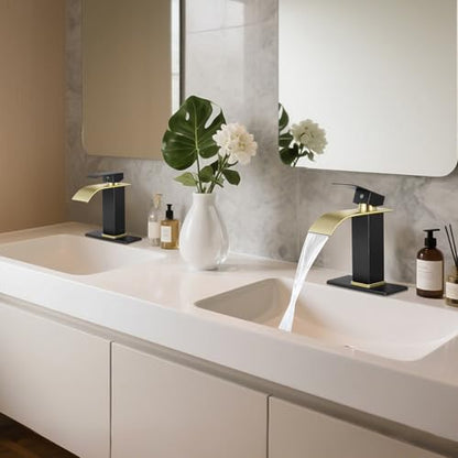 Bathroom Faucets Black and Gold Waterfall Bathroom Sink Faucet | with Pop-up Drain Supply Hoses and Deck,Single Handle Vanity Faucet,Stainless Steel,1 or 3 Hole,RV,Farmhouse Bathrooms - color: B-Black and Gold, style: Short