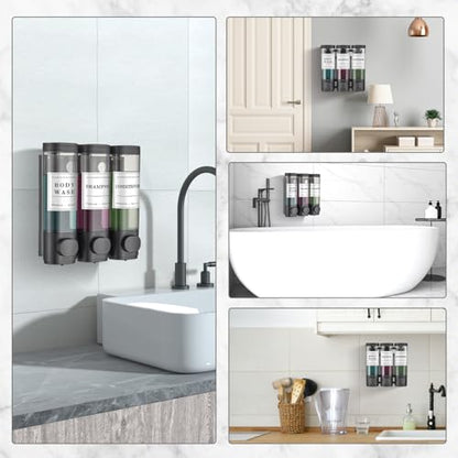 Shampoo and Conditioner Dispenser Shower Dispenser Body Wash Wall Mounted Shampoo Dispenser for Shower Wall No Drill for Bathroom Hotel 3 Chamber x 300ml Black with Waterproof Labels - color: Black 3