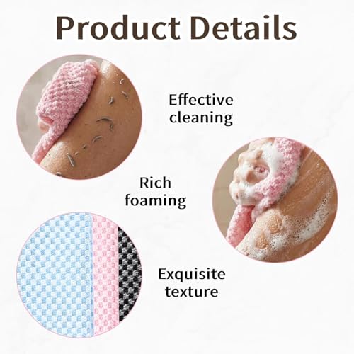 3 PCS Exfoliating Shower Towel, Body Scrubber Set, Dual-Sided Wash Cloth for Smooth Skin, Extra Long Bath Towel in Black Pink Blue Colors