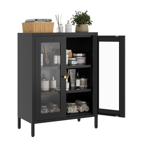 Small Metal Cabinet with Glass Doors,Display Storage Cabinet with 2 Adjustable Shelves for Bathroom Entryway Living Room Dining Room Kitchen,3-Tier,11.8" D x 23.6" W x 31.5" H, Black - color: Black Clear, size: 11.8"D x 23.6"W x 31.5"H