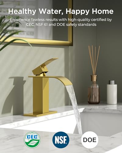FORIOUS Bathroom Faucet 1 Hole, Waterfall Vanity Sink Faucet Brushed Gold | Bathroom Sink Faucet 1 or 3 Hole, Square Single Handle with 24" cUPC Supply Line and Pop-up Drain, Fits RV Restroom Basin - color: Brushed Gold