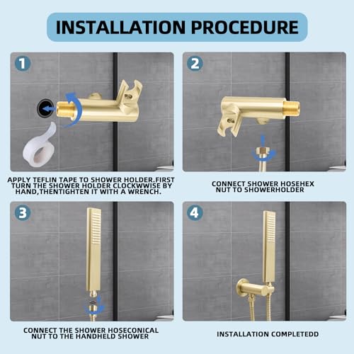 Solid Brass Handheld Shower Head Arc Design High Pressure Brushed Gold Hand Shower Wand with Adjustable Supply Elbow Wall Connector Shower Holder and 59″ Stainless Steel Hose Set - color: Brushed Gold