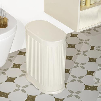 1.6 Gallon Trash Can with Lid, Small Bathroom Trash Can Wastebasket, Slim Garbage Can with Inner Bucket, Press Top Lid Garbage Container Bin for Kitchen, Home, Office, Bedroom, Living Room - color: Cream White