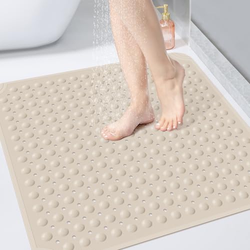 OTHWAY Square Shower Mat 32x32, TPE Non-Slip Shower Mats with Drain Holes and Suction Cups, Walk-in Mat for Inside Shower Stall, Anti-Slip for Elderly (Apricot) - color: Apricot, size: 32" x 32" (Square)