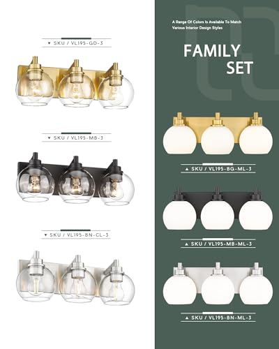 Bathroom Light Fixtures, 3-Light Brushed Nickel Vanity Light, Modern Wall Sconces with Globe Clear Glass Shade, Vanity Lighting Fixtures Over Mirror, VL195-BN-CL-3 | 18" modern bathroom light fixtures over mirror, E26 base, bulbs not included, VL195-BN-CL