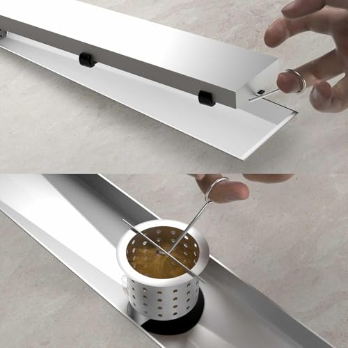 ELLO&ALLO 24 Inch Linear Shower Drain Brushed Nickel, SUS304 Stainless Steel Rectangle Shower Floor Drain with 2-in-1 Flat & Tile Insert Cover - color: Brushed Nickel, size: 24 In Tile insert Cover