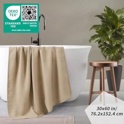 POLYTE 380 GSM Poly Blend Microfiber Quick Dry Waffle Bath Towel, 30x60 in | 2 Pack, Oversize, Lint Free, Body Towel - color: Beige