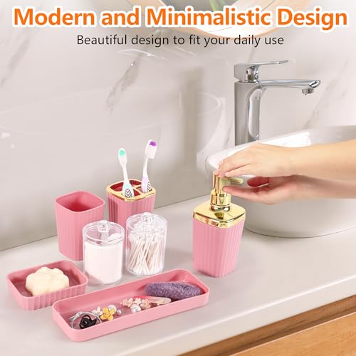 9 PCS Pink Bathroom Accessories Set with Trash Can Bathroom Accessory | All-in-One Kit with Trash Can,Toothbrush Holder,Soap Dispenser,Toothbrush Cup,Vanity Tray,Soap Dish,Toilet Brush etc for Home - color: Pink