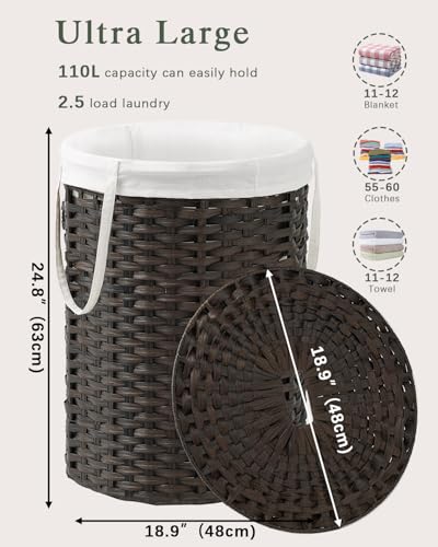 SETVSON Laundry Basket with Lid Round Rattan PE Laundry Hamper, Brown | 110L Large Woven Basket with Lid, Removable Washable Liner Bag, 2 Mesh Laundry Bags, Side Handles for Easy Carrying - color: Brown, size: 110 L
