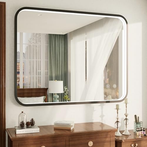 40"x30" Black LED Bathroom Mirror with Lights, 3000K/4500K/6000K | Stepless Dimmable, Anti-Fog, Memory Function, Aluminum Frame Wall Mount Lighted Vanity Mirror, ETL Listed, IP54 Waterproof - color: Black, size: 40"L x 30"W