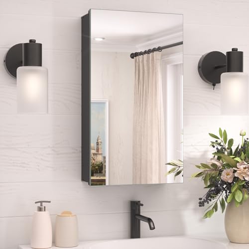 TokeShimi 14x24 Bathroom Mirror with Storage Tempered, Aluminum Black Recessed Medicine Cabinet with Mirror Frameless Stepless Adjustable Shelf, Surface Mount Medicine Cabinet for Bathroom - color: Black, size: 14x24 in