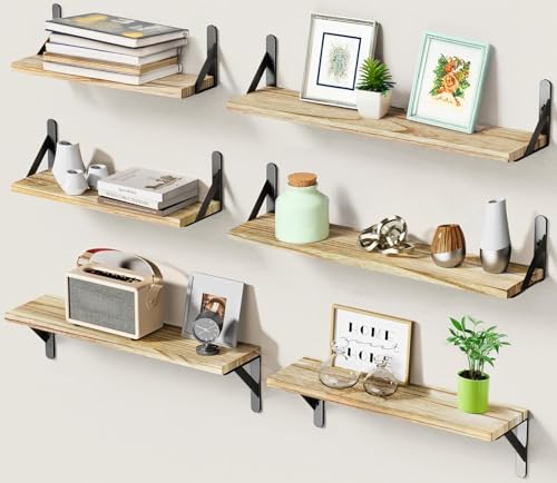 Amada Solid Paulownia Wood Wall Shelves, Large Size, 6 Pcs, Natural Wood | Wood Floating Shelves with Metal Brackets, 2 Ways to Install, Flexible 6-Piece Arrangement for Bathroom & Bedroom Wall Decor - color: Wooden, size: Large
